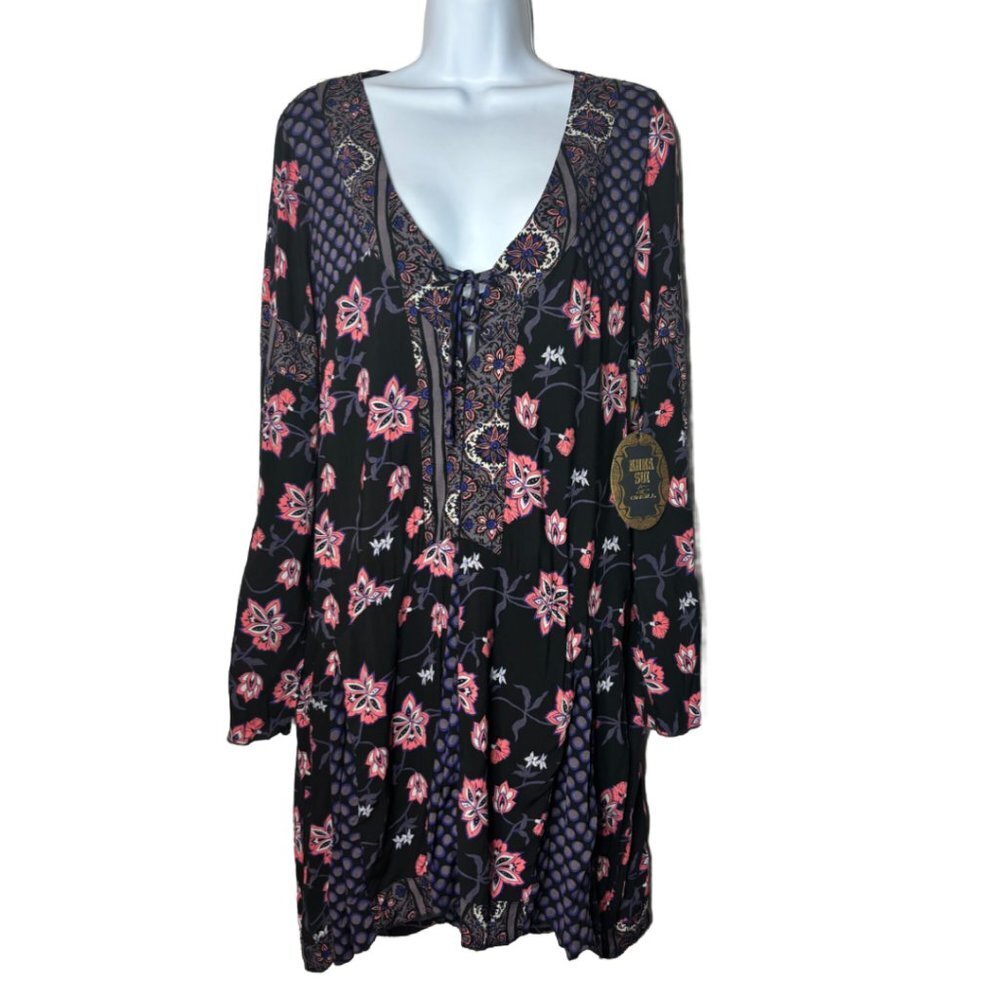 O'Neill x Anna Sui Dottie Floral Lace-up V-Neck Pleated Dress Sz M (1344)